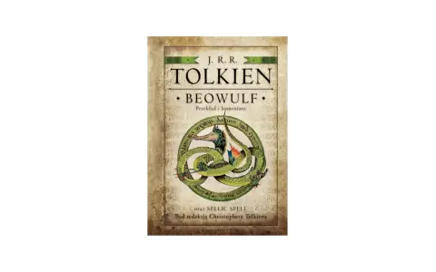 Okładka książki J.R.R. Tolkiena "Beowulf" z ilustracją smoka, klasyka literatury angielskiej.