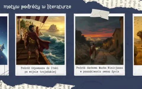 Motyw podróży lektury: Mały Książę na planecie, Odyseusz na morzu, Marek Winicjusz w drodze do Rzymu, dzieci na wielbłądach.
