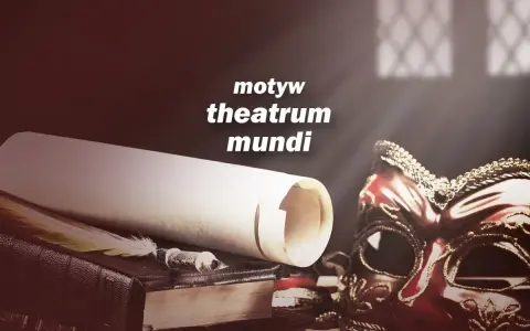 Stara księga, pióro i maska karnawałowa przywołują motyw theatrum mundi – świata jako sceny.