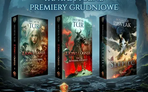 Okładki książek fantasy: "Z krwi i ognia" (t. 2 i 3) Henryka Tura oraz "Ślepiec" Romualda Pawlaka. Ciekawe książki fantasy dla dorosłych.