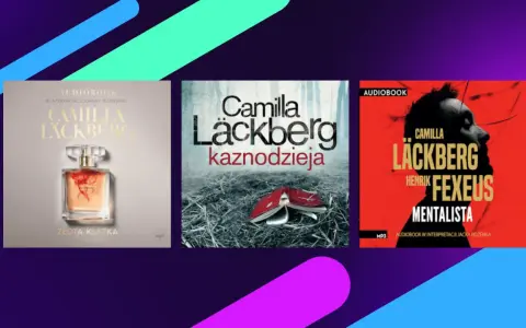 Okładki audiobooków z serii Camilla Läckberg: "Złota klatka", "Kaznodzieja" i "Mentalista" autorstwa Camilli Läckberg i Henrika Fexeusa.