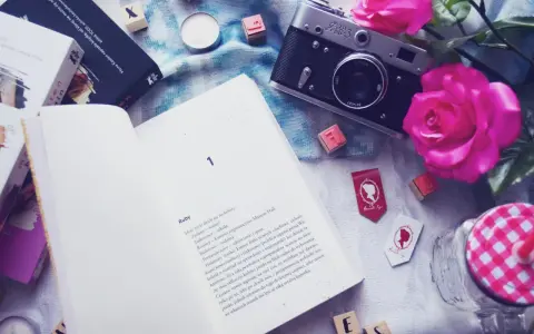 Otwarta książka z tekstem o kolorach życia, obok aparat, róże i kostki z literami. Czytasz o Maxton Hall?