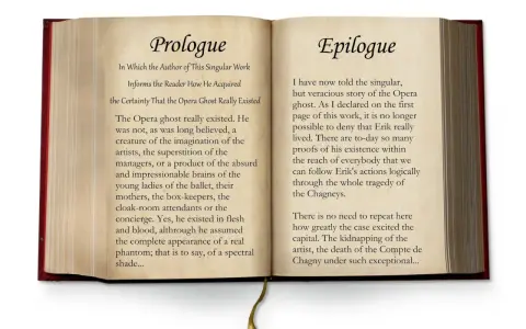 Otwarta księga z tekstem "Prologue" i "Epilogue". Prolog opisuje, jak autor zdobył pewność, że duch opery istniał naprawdę, a epilog podsumowuje historię Erika.