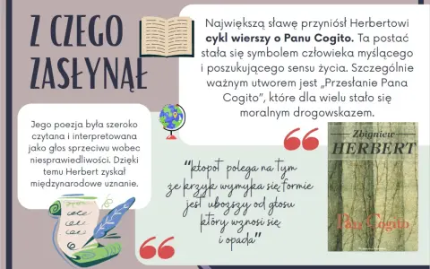 Zbigniew Herbert, twórca postaci Pana Cogito, zyskał sławę dzięki cyklowi wierszy o tej postaci.