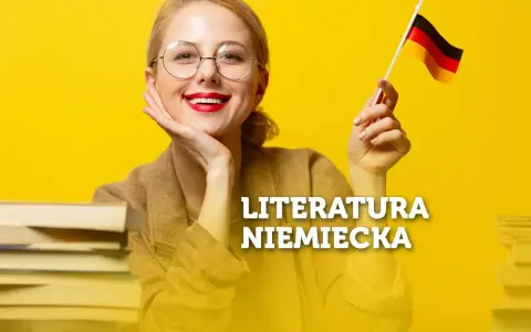 Uśmiechnięta kobieta w okularach trzyma flagę Niemiec, otoczona stertami książek. Temat: literatura niemiecka.