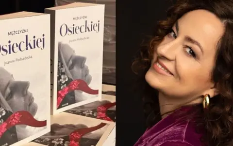 Joanna Podsadęcka i jej książka "Mężczyźni Osieckiej". Uśmiechnięta autorka na tle okładek.