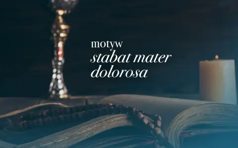 Kielich, otwarta księga z różańcem i płonąca świeca. Tekst "stabat mater dolorosa" nawiązuje do motywu cierpienia.