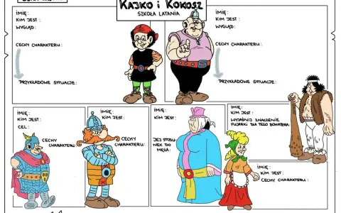 Postacie z komiksu Kajko i Kokosz: Szkoła latania. Opis bohaterów, ich cech i przykładowych sytuacji.