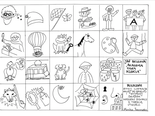 Ilustracje do "Akademii Pana Kleksa": pan Kleks, balon, żaba z kluczem, koń, paleta, lalka, wilk, księżyc, pajęczyna.