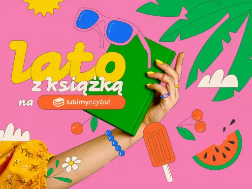 Letnie słońce, okulary i ciekawe książki na różowym tle. Ręka trzyma zieloną książkę, obok są wiśnie, arbuz i lody.
