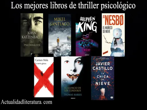 Kolekcja najlepszych thrillerów psychologicznych: "El psicoanalista", "El mentiroso", "Misery", "El muñeco de nieve", "La novia gitana", "El silencio de los corderos" i "La chica de nieve".