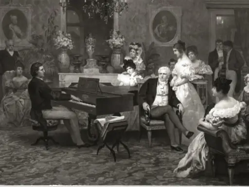 Fryderyk Chopin, w otoczeniu eleganckiego towarzystwa, gra na fortepianie. Krótka biografia kompozytora w obrazie.