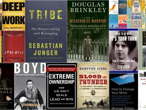 Książki dla dorosłych: "Deep Work", "Tribe", "The Wilderness Warrior", "Free Will", "Blood and Thunder", "The War of Art" i inne wartościowe pozycje.