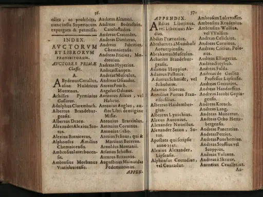 Spis autorów i tytułów zakazanych książek z indeksu i dodatku.