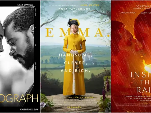 Trzy plakaty filmowe: czarno-biały romans "The Photograph", kostiumowa "Emma" na podstawie powieści Jane Austen i dramatyczny "Inside the Rain".