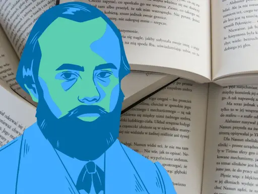 Portret mężczyzny na tle otwartej książki, nawiązujący do powieści Dostojewskiego.