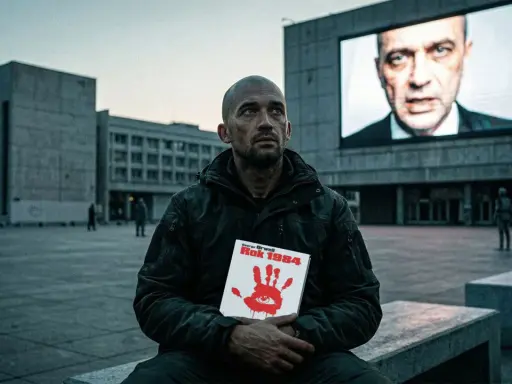 Mężczyzna trzyma książkę "Rok 1984" George'a Orwella (Eric Arthur Blair). Na ekranie w tle twarz Wielkiego Brata.