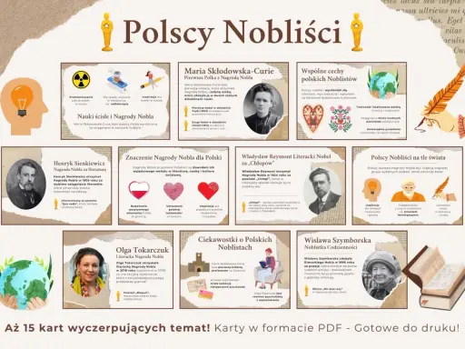 Polscy laureaci literackiej nagrody nobla: Sienkiewicz, Reymont, Tokarczuk, Szymborska. Ich dzieła to skarb narodowy.