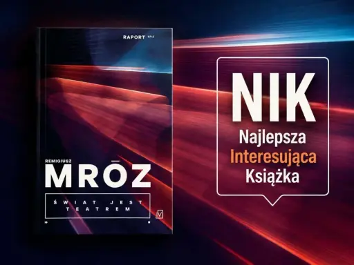 Okładka najnowszej książki Remigiusza Mróza "Raport EP.2". Obok napis "NIK Najlepsza Interesująca Książka".
