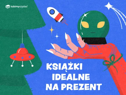 Kosmiczna ręka trzyma głowę obcego, a obok latają spodki i rakiety. Idealne na prezent są najlepsze książki fantasy.