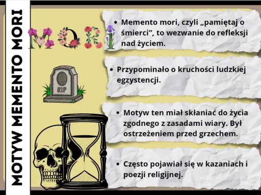 Motyw Memento Mori: czaszka, klepsydra, nagrobek. Przypomina o kruchości życia, skłania do refleksji, jak w hagiografii.