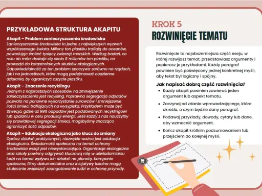 Jak pisać esej: rozwinięcie tematu, przykładowa struktura akapitu, problem zanieczyszczenia środowiska, znaczenie recyklingu, edukacja ekologiczna.