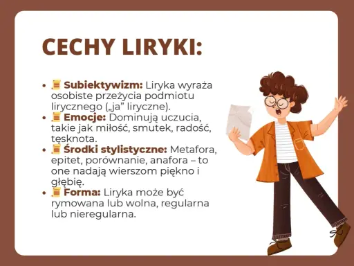 Co to liryka? Wyjaśnienie cech: subiektywizm, emocje, środki stylistyczne i forma. Ilustracja przedstawia młodą osobę czytającą wiersz.