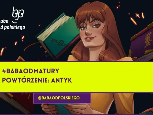 Dziewczyna z rudymi włosami i piegami, otoczona książkami, w tym "Hamlet". Powtórzenie: antyk w literaturze. #babaodmatury.