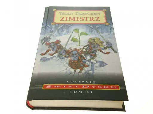 Okładka książki "Zimistrz" z serii "Świat Dysku" Tom 41. Trzy niebieskoskóre, brodate postaci z mieczami wychodzą ze śniegu.