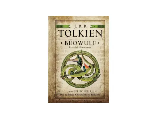 Okładka książki J.R.R. Tolkiena "Beowulf" z ilustracją smoka, klasyka literatury angielskiej.