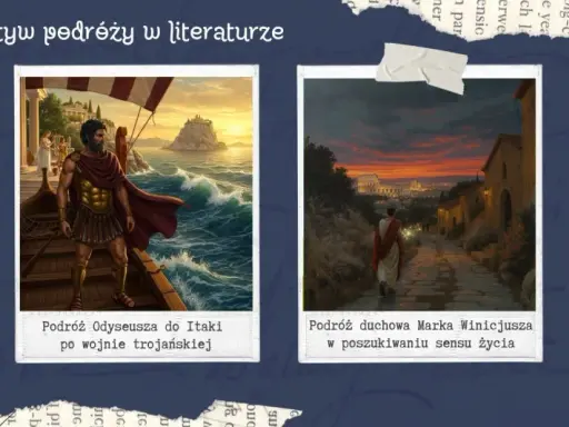 Motyw podróży lektury: Mały Książę na planecie, Odyseusz na morzu, Marek Winicjusz w drodze do Rzymu, dzieci na wielbłądach.