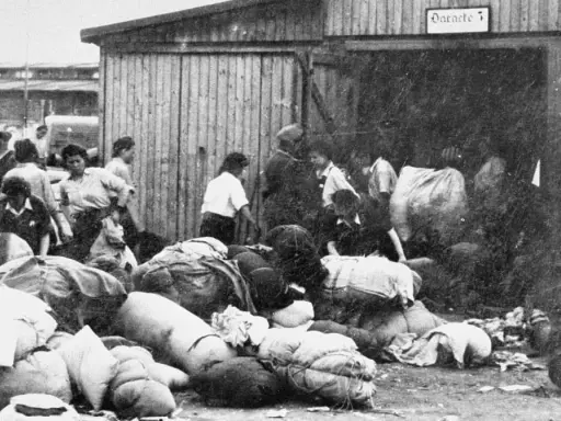 Ludzie z bagażami przed barakiem w Auschwitz. W tle widać innych ludzi i budynki.
