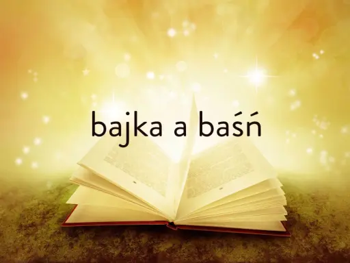 Otwarta księga, z której wyłaniają się słowa "bajka a baśń". Magiczne światło otacza strony, sugerując świat fantazji.