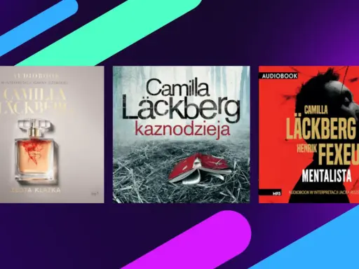 Okładki audiobooków z serii Camilla Läckberg: "Złota klatka", "Kaznodzieja" i "Mentalista" autorstwa Camilli Läckberg i Henrika Fexeusa.