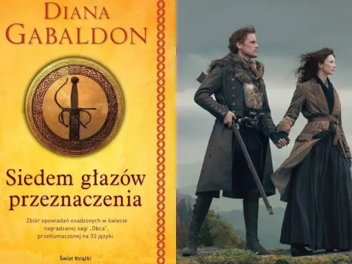 Okładka książki Diany Gabaldon "Siedem głazów przeznaczenia" i para z serialu "Outlander", który jest częścią sagi.