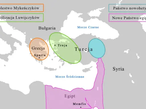 Mapa ukazująca tereny wojny trojańskiej: Grecja, Troja, Egipt, Syria, Bułgaria, Państwo Nowohetyckie.