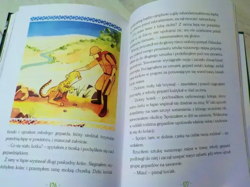 Afryka Kazika: przygoda z rannym gepardem. Kazik opatruje łapkę młodego geparda, by potem zachęcić go do ruchu.