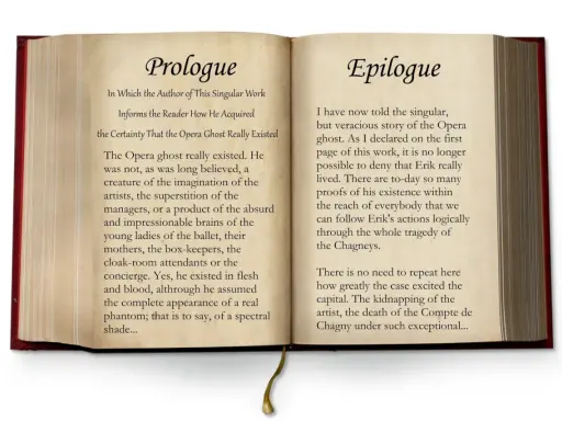 Otwarta księga z tekstem "Prologue" i "Epilogue". Prolog opisuje, jak autor zdobył pewność, że duch opery istniał naprawdę, a epilog podsumowuje historię Erika.