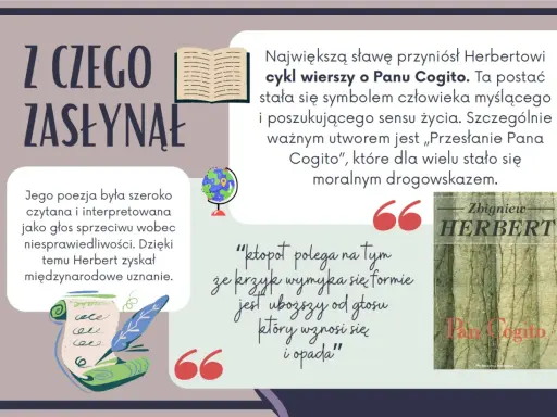 Zbigniew Herbert, twórca postaci Pana Cogito, zyskał sławę dzięki cyklowi wierszy o tej postaci.