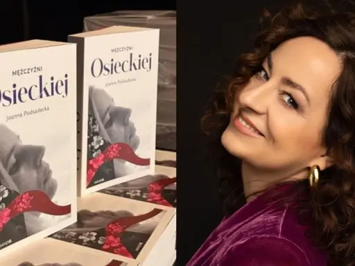 Joanna Podsadęcka i jej książka "Mężczyźni Osieckiej". Uśmiechnięta autorka na tle okładek.