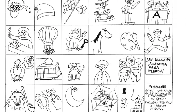Ilustracje do "Akademii Pana Kleksa": pan Kleks, balon, żaba z kluczem, koń, paleta, lalka, wilk, księżyc, pajęczyna.