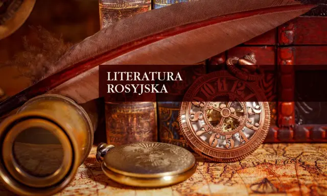 Pióro, luneta i zegarek kieszonkowy na tle starych ksiąg. Obraz nawiązuje do literatury rosyjskiej i jej znanych pisarzy.