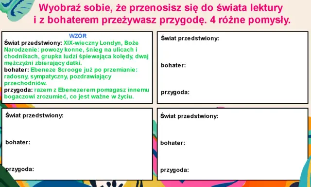 Stwórz własne opowiadanie! Wyobraź sobie świat, bohatera i przygodę. Wzór pokazuje przykład: XIX-wieczny Londyn, Ebenezer Scrooge i pomoc bogaczowi.