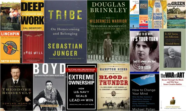 Książki dla dorosłych: "Deep Work", "Tribe", "The Wilderness Warrior", "Free Will", "Blood and Thunder", "The War of Art" i inne wartościowe pozycje.