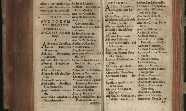 Spis autorów i tytułów zakazanych książek z indeksu i dodatku.