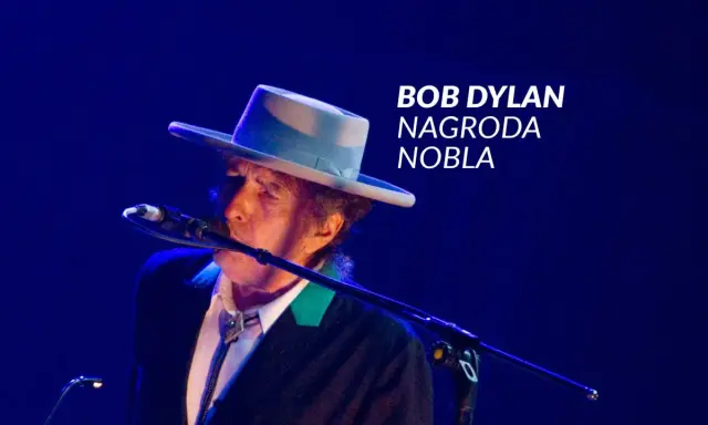 Bob Dylan w kapeluszu śpiewa przy mikrofonie. W tle napis "Bob Dylan Nagroda Nobla".