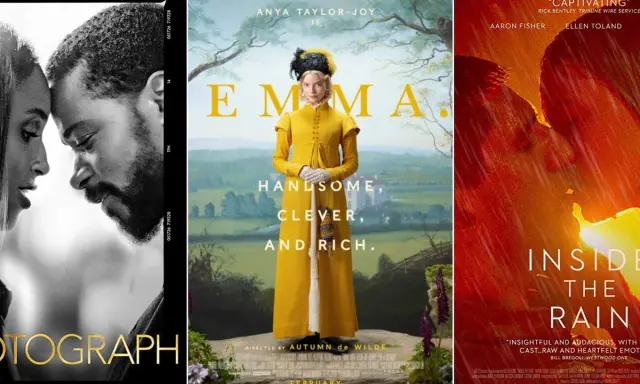 Trzy plakaty filmowe: czarno-biały romans "The Photograph", kostiumowa "Emma" na podstawie powieści Jane Austen i dramatyczny "Inside the Rain".
