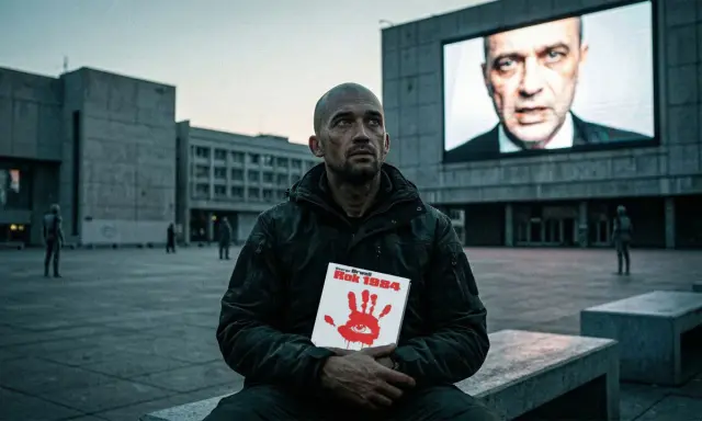 Mężczyzna trzyma książkę "Rok 1984" George'a Orwella (Eric Arthur Blair). Na ekranie w tle twarz Wielkiego Brata.