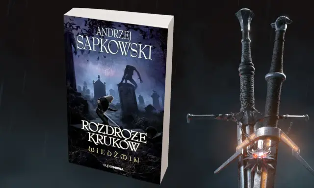 Okładka nowej książki Sapkowskiego "Rozdroże kruków" z Wiedźminem i mieczami.