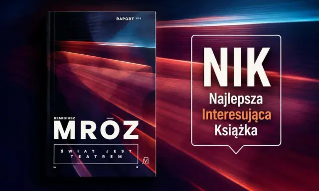 Okładka najnowszej książki Remigiusza Mróza "Raport EP.2". Obok napis "NIK Najlepsza Interesująca Książka".